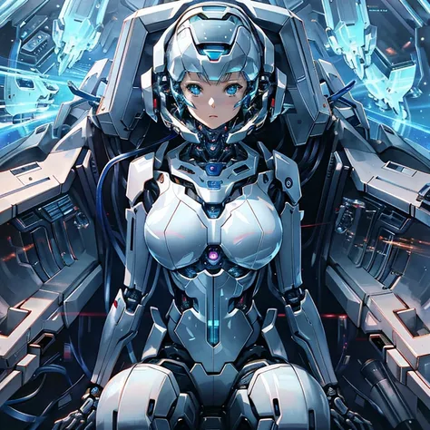 Close-up of a woman in a futuristic suit sitting in a spaceship, portrait anime space cadet girl, gynoid body, fully space suited, Girl in Mecha Cyber Armor, Sci-Fi Anime, portrait armored astronaut girl, biomechanical oppai, Perfect Anime Cyborg Woman, de...