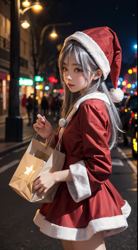 Santa Claus Cosplay、女の子1人、On the street at night、distribute gifts、The stars are beautiful、 Grey Hair, , ,Christmas tree shining with lights