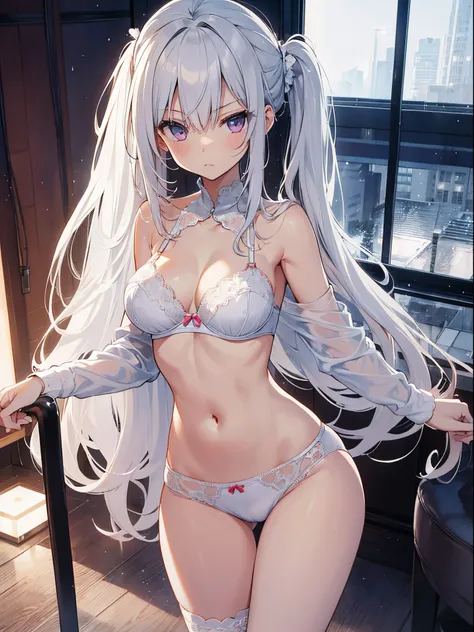 The highest image quality，ighly detailed，Body and face contours:1.2）rainy day，Wear a white bra，White lace erotic panties，Pouting buttocks，animemanga girl ，weakness of the body;，Slim waist，Slender Leg，Bedrooms，Facing away from the audience，Sidehead，Double p...