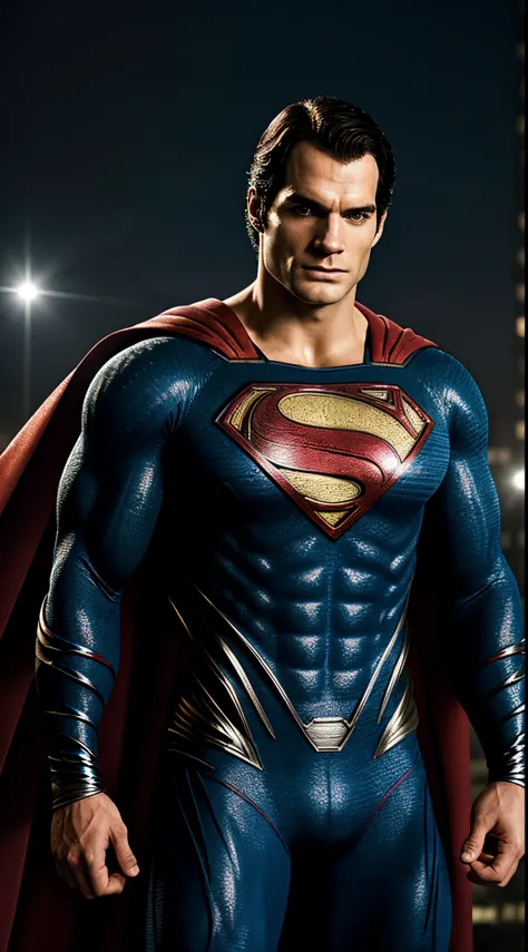 Superman, Henry Cavill as Superman, macho, tall, hunk, muscular, Superman suit, intricate details on the suit, best quality, masterpiece, serious face, ultra detailed suit, detailed face, powerful pose,  best quality, high resolution:1.2, night, dark atmos...