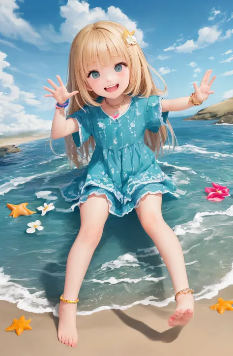 (masterpiece),(highest quality),highres,(an extremely delicate and beautiful),(extremely detailed),Amazing,finely detail,
This is a painting of a young girl having fun at the beach on a sunny day. The girl has blonde hair and green eyes,and she is wearing ...