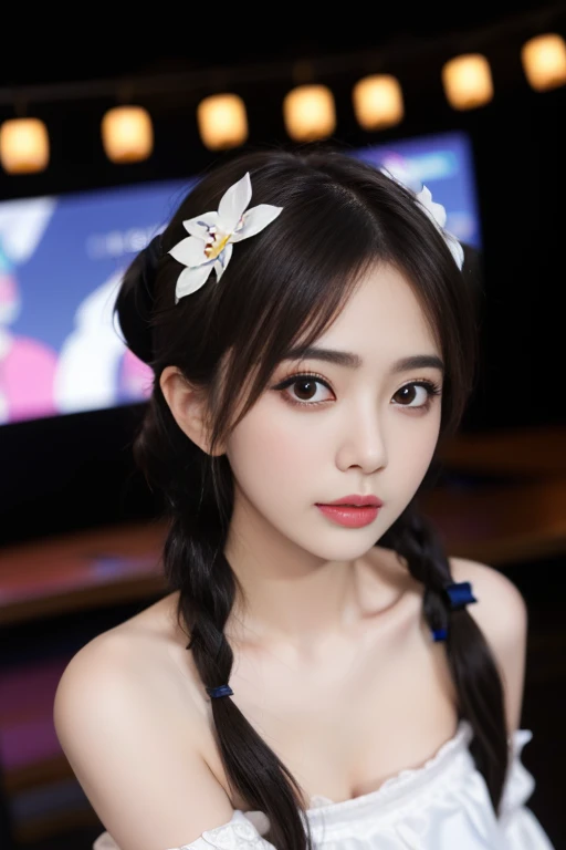 best quality, (photorealistic:1.2), 1girl, solo, shiny skin, detailed face, face focus, standing, black hair,(hair ornament:1.35), twintails, japanese clothing, ribbon sleeves, split sleeves, ribbon trim, wide sleeves, (Looking at the audience: 1.5) long h...