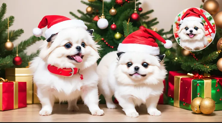 3D vector art、Colorful cute white pekingese dog、wearing a christmas hat,The collar has a bell、 cute christmas present, Ultra-realistic high quality,  Cute and quirky, Fantasy Art, Watercolor effect、raise the front paws