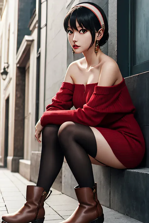 she is wearing a red off-shoulder dress made of knit material that reaches above the knees.、wearing black tights、shoes are brown...