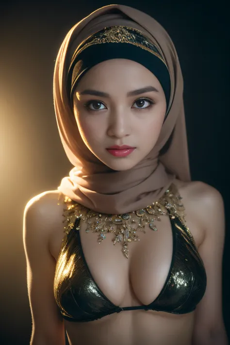 bellydancer, cyberpunk, javanese, (((hijabi))), cleavage, reflection light, chiaroscuro, depth of field, cinematic lighting, ray tracing, Sony FE GM, UHD, super detail, masterpiece, textured skin, high details, best quality, award winning，3D,hdr（HighDynami...