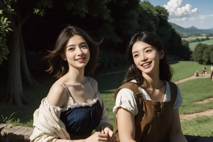 Poussin-style landscape,A smile,,Sweet and seductive appearance.、Caravaggios paintings、Chiaroscuro of Caravaggio、Hair disheveled in the wind,Two women frolicking,Cute smile, Expression of ecstasy