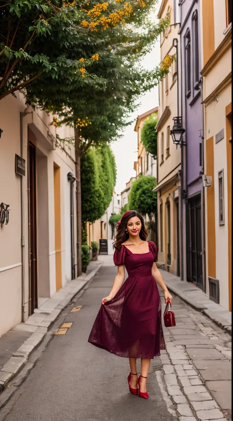 Full body in a 9:16 ratio, A beautiful woman wearing a wine puple fit and dlare dress, puff sleeves, red lips, red heel, red nails, in a standing pose in a street. Morning time Photoshoot, professional , Vibrant color, WINE COLOR, UltraRealistic Photograph...