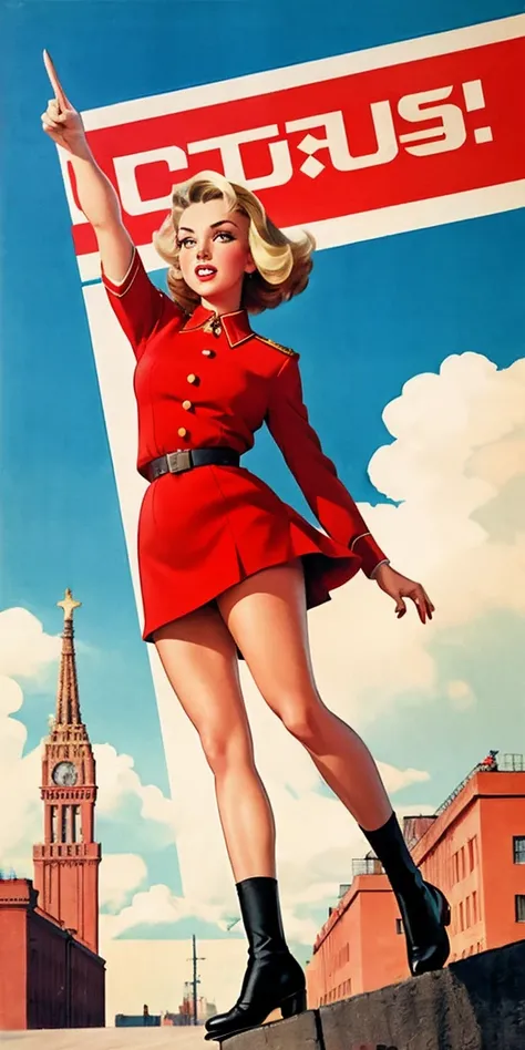 CCCP poster, soviet poster, USSR Flag in background, USSR Poster, Soviet Union poster, October Revolution, ((CCCP Poster, Soviet Poster)) (blond 1 mature girl) propaganda Poster, poster, Soviet flag on pole, blue sky with fighter jet, uniform, 1girl, solo,...