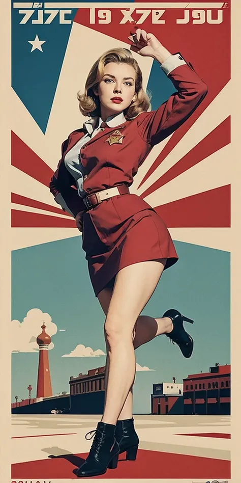 CCCP poster, soviet poster, USSR Flag in background, USSR Poster, Soviet Union poster, October Revolution, ((CCCP Poster, Soviet Poster)) (blond 1 mature girl) propaganda Poster, poster, Soviet flag on pole, blue sky with fighter jet, uniform, 1girl, solo,...