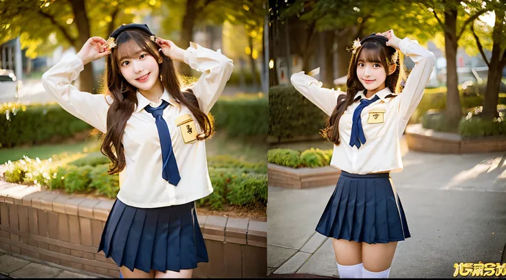 Cute high school girl 18 years old in golden miniskirt uniform