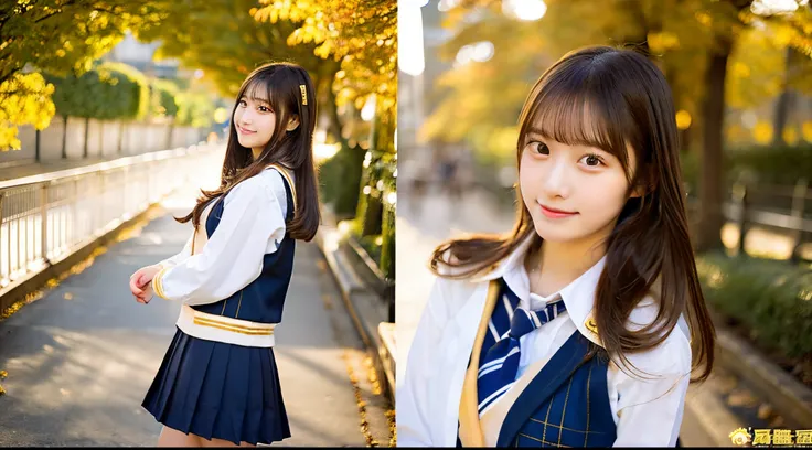 Cute high school girl 18 years old in golden miniskirt uniform