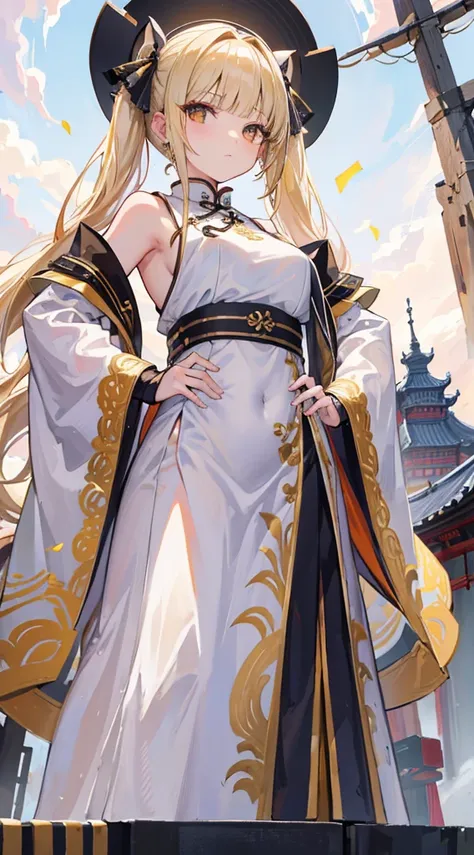 (8k、Top image quality、top-quality、​masterpiece)、A detailed face、1 girl in、Blonde twintails、Long、blunt bangs、Golden eyes、expressionless、(Brown skin)、piercings、Moderately breasts、(white chinese clothes)、long、sleeveless、black fur jacket、Black High Heels、is st...