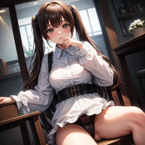 realisitic、top-quality、(One Woman:1.5)、brown haired、Fluffy long twin tails、white spots on bangs、Brown-eyed、medium breast、Black underwear、sit a chair