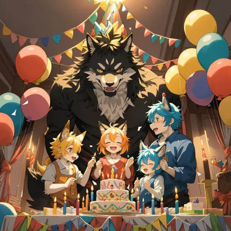 cover page, anime key visual, highres, top quality, best quality, paid reward available, High-quality illustrations, unparalleled masterpiece, perfect artwork, absurdres(kemono werewolf family, birthday party, child blowing out candles on birthday cake)(ro...