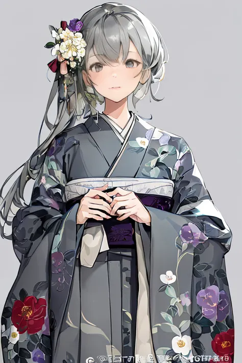 (((gray floral background:1.3)))、Best Quality, masutepiece, High resolution, (((1girl in))), sixteen years old,(((Eyes are gray:1.3)))、Gray kimono、((beautiful gray kimono)), Tindall Effect, Realistic, Shadow Studio,Ultramarine Lighting, dual-tone lighting,...