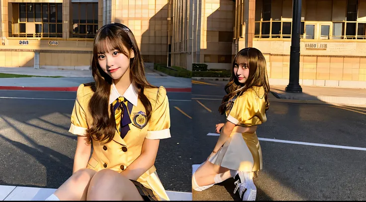 A beautiful 18-year-old high school girl in a golden miniskirt uniform.