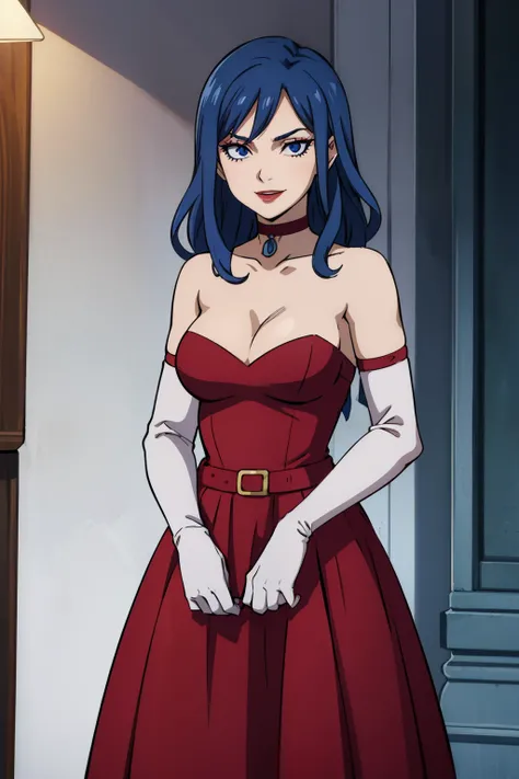 JUVIAGMG, blue hair, blue eyes ,red dress, long dress, strapless dress, backless dress, long white elbow gloves, smile, light red lipstick, dark purple eye shadow, makeup, black choker, cowboy shot