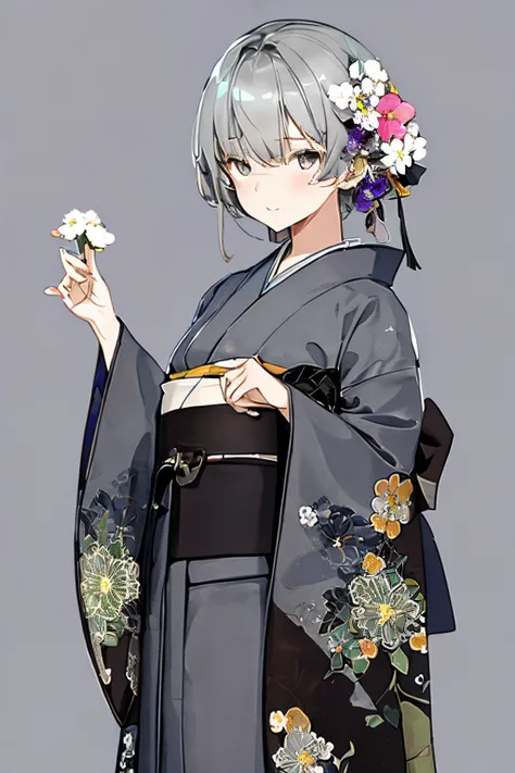 (((gray floral background:1.3)))、Best Quality, masutepiece, High resolution, (((1girl in))), sixteen years old,(((Eyes are gray:1.3)))、Gray kimono、((beautiful gray kimono)), Tindall Effect, Realistic, Shadow Studio,Ultramarine Lighting, dual-tone lighting,...