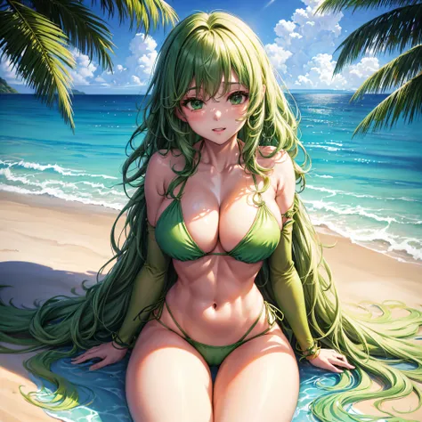 realisitic、top-quality、((One woman:1.5))、Green hair、length hair、Wavy hair、large full breasts、Sitting on the beach、Glowing green bikini、in 8K、(thighs thighs thighs thighs:1.5)、maikurobikini