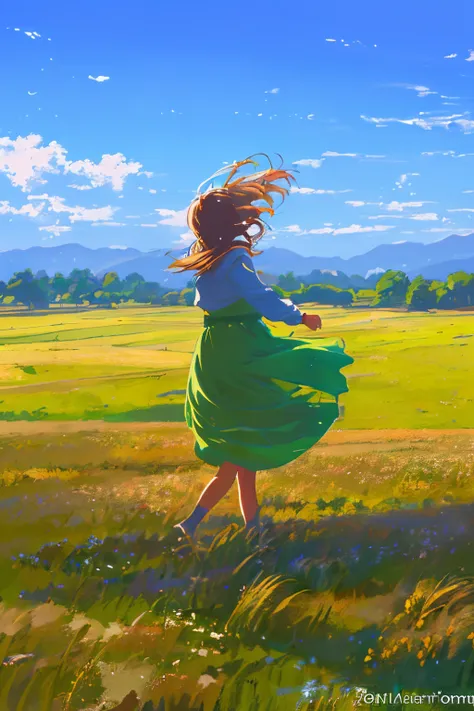 fresh painting style，full body angle:1.5,in the wheat field，girl with，keep hands away from sunlight，bright sky，looking up，anime ...