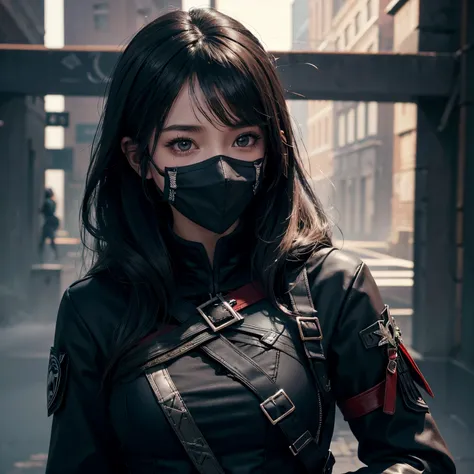 Girls&#39; avatar，black punk uniform，Assassin&#39;s Creed style。black facemask，Delicate lines，Clear facial features，8k