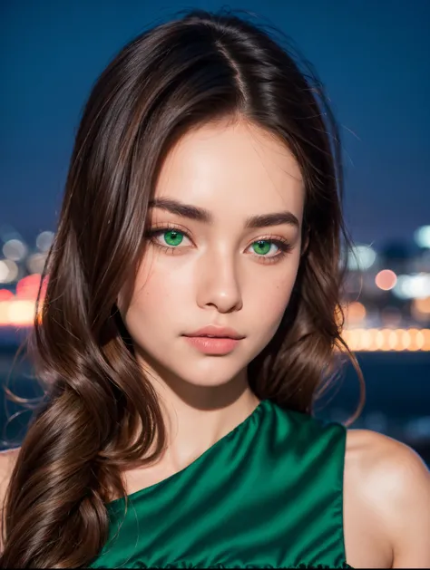 There is a woman with dark brown curls and a dark green dress with diamond ruffles, 18 years old, 16 years, 19 year old girl, beautiful, headshot, model like, night view, girl portrait, sharp eyebrows, dark green eyes, French Persian girl, unique beauty, s...