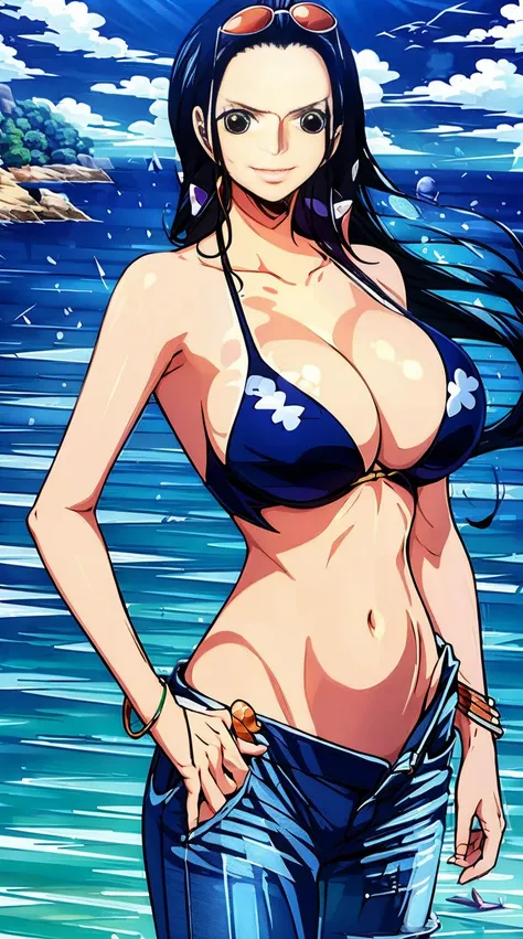 robin (one piece), 1girl, bangle, bangs, bare shoulders, belt, bikini, bikini top only, bracelet, breasts, brown eyes, bubble, cleavage, denim, earrings, floating hair, belt, black bikini, groin, jeans, jewelry, (large breasts:1.9), (big breast:1.3), long ...