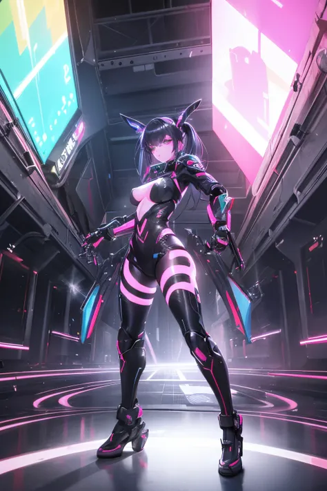 Best Quality, Ultra-detailed, Realistic, futuristic nightclub, lesbian robots, puffy nipples, giant breast, neon lights, bright colours, smooth metal cases, glowing eyes, Alluring Poses, Seductive atmosphere, Techno music, energetic dance floor, electronic...