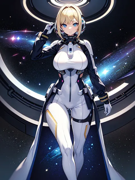 ​masterpiece:1.4, 1girl in ((20yr old, Wearing a futuristic white and silver costume, Tight Fit Bodysuit, long boots, Very gigantic-breasts, Multicolored blonde hair, a short bob, Perfect model body, Blue eyes:1.4, Wearing headphones, Flirting, Looking out...