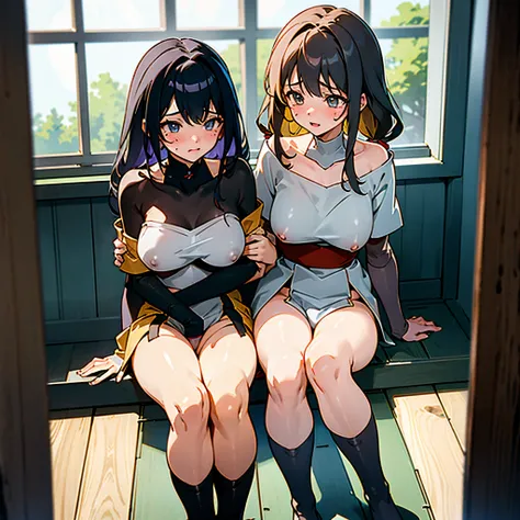 anime styled, Anime Artwork,The ultra -The high-definition,超A high resolution, Slightly lower angle, Two girls looking at me, two girls are hugging each other, Embarrassed expression of pleasure, Letting out a gasp, Pretty lips,beautiful a girl,long eyelas...