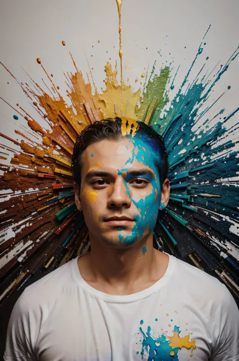 fundo branco, man with his head exploding in paint of different colors