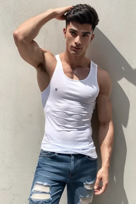 A muscular man wearing a white tank top and ripped jeans