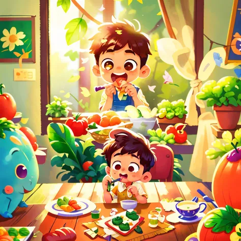 boy eating vegetables、In the dining room、a plant、perfectquality、Clear focus (Clutter-Home:0.8)、(​masterpiece:1.2) (realisitic:1.2) (bokeh dof) (top-quality) (detailed skins:1.3) (intricate-detail) (8K) (Eye of Detail) (foco nítido), (Happiness)