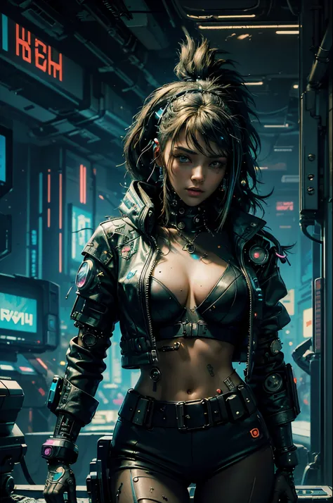 ((Best quality)), ((masterpiece)), (highly detailed:1.3), 3D, beautiful (cyberpunk:1.3) hacker woman with thick voluminous hair operating a computer terminal