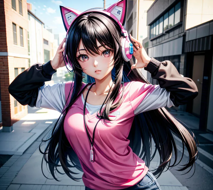 anime - black hair、The upper part of the body、pink cat headphones photo style girl pose, render of a cute 3d anime girl, Photorealistic anime girl rendering,, attractive girl, very beautif, 3d anime girl, anime styled 3d, Very beautiful cute girl