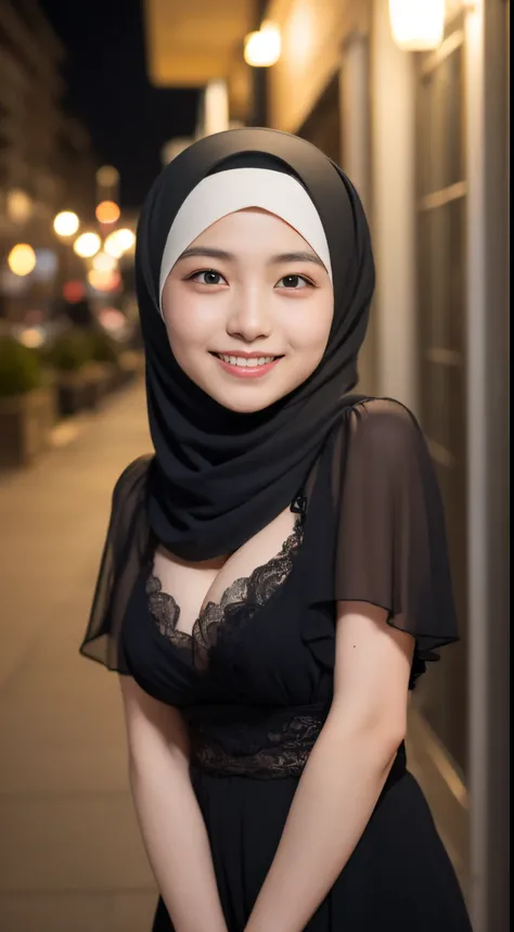 harem, cleavage, (((hijabi))), masterpiece, best quality, 8k, 18yo, teen, raw photo, absurdres, award winning portrait, smile, smile, solo, night, neon, idol face, violaceaess, gardeniass, delicate girl, upper body, DSLR, looking at viewer, candid, sophist...