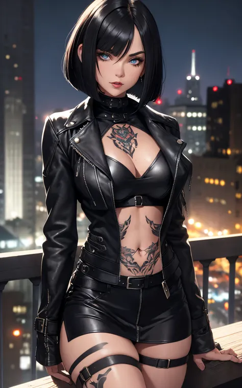 Beautiful 25 year old woman, black hair, Bob cut, blue eyes, sightly muscled, messy hair, tattooed neck, leather jacket, San Francisco in the background, kink, evil aura, night, kink.