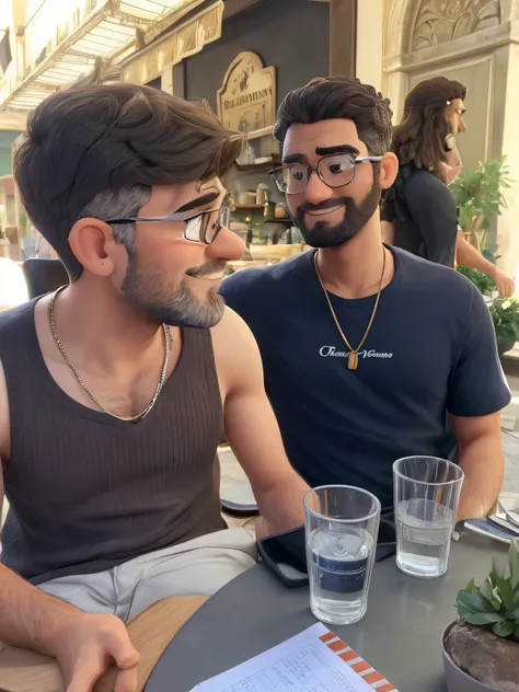 High detail A couple of men are sitting in an Italian restaurant. The left one with brown hair  without any white or grey hair! . A short  brown beard  Wearing a brown corduroy tank top and short light beige pants with a silver chain and a gold earring in ...