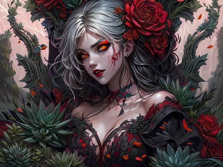 a picture of a vampire woman resting in a (black:1.2) and (red:1.2) colored succulents meadow, full body, an exquisite beautiful (ultra detailed, Masterpiece, best quality: 1.4) female vampire woman, dynamic angle (best detailed, Masterpiece, best quality)...