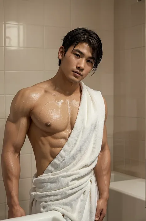 A handsome man, 25 years old, handsome Asian man with short hairstyle, muscular man, wet hair, wrapped in a bath towel, in the restroom