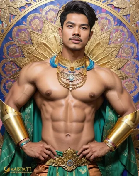 masuter piece、well built、jefri nichol a javanese Male、Age 25、Hot Guy、lite moustache, muscular、macho、wearing majapahit kingdom costume, gold head band, gold shoulder band, gold necklace, gold crown, hair bund,  long-haired、Fade Cut、bodybuilder, Large body、l...