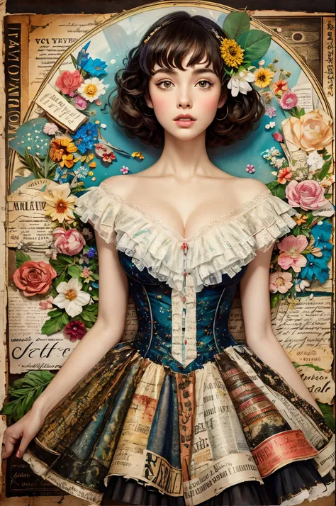 Super detailed alcohol ink painting of gorgeous girl, Made on top of a mixed-media masterpiece patchwork of stress-free vintage script paper, Ephemera, Torn cardboard, Vintage newspaper, Vintage sheet music, Wax Seal, Dress made of paper ruffles and life-s...