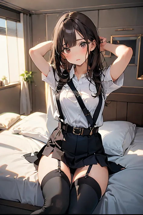 ​masterpiece、flat-colors、depth of fields、lens flare 1 girl、、Brown hair、watching at viewers　　　black suspenders　　　Bulging big breasts　　 　 　　　walls: 　Black miniskirt　garters　　　　　　Gaze　　　Small face　bangss 　　　holster　　a belt 　Beautuful Women　srestrained　hands u...