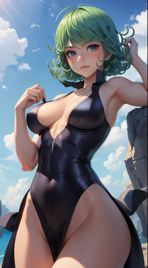 (masterpiece, best quality:1.2), cowboy shot, solo, 1girl, tatsumaki, lustful, closed mouth, looking at the viewer, abs, ass, wide hips, black dress, blue sky, clouds, erotica