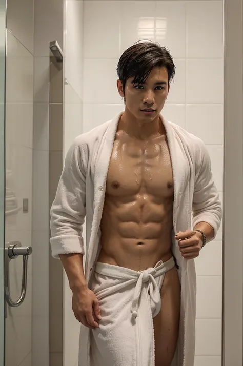 A handsome man, 25 years old, handsome Asian man with short hairstyle, muscular man, wet hair, dressed neatly in a bathrobe, in the restroom