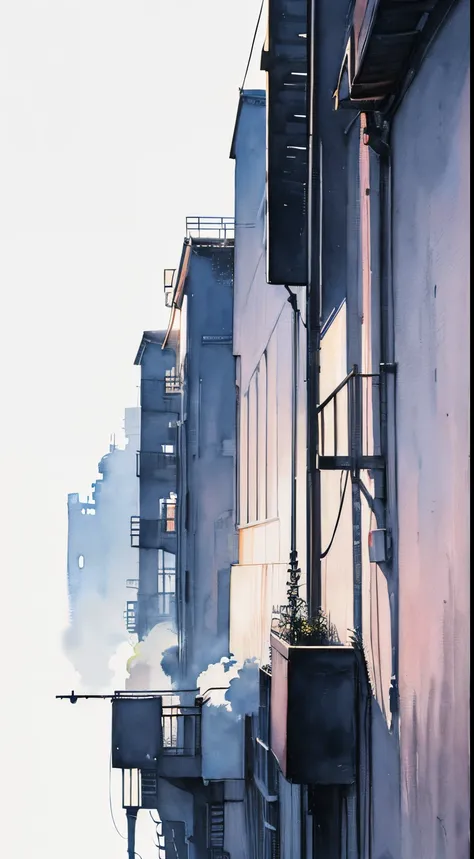 ((masutepiece)), (Professional Photography:1.2), (High Definition:1.3), Best Quality, (watercolor painting:1.3), from below, wide shot, (morning atmosphere), copious mucus dripping, (simple white background:1.10), pale purple fine ink dripping, cityscape