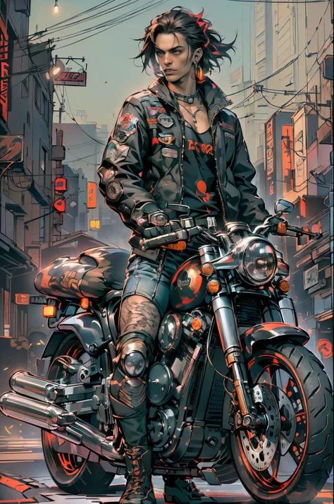 （(Multiple award-winning works, With incredible details, textures and maximum detail，(フォトリアリスティック))）, ((Use dazzling cyberpunk style，bright color scheme，Depicting a man，Wearing：Harajuku-style fashionable clothing，Robotic arms and legs， ((Get on the motorcy...