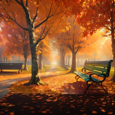 that tree々There is a park bench in the middle of the park，, landscape artwork, background artwork, in fall, beautiful art, surreal autumn, in fall, beautiful artwork, autumn sunlights, Autumn lights, soft autumn sunlight, Autumn lights, 3D virtual landscap...