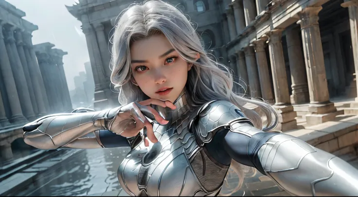 (Extreme Detail CG Unity 8K wallpaper, masterpiece, highest quality), (Exquisite lighting and shadow, highly dramatic picture, Cinematic lens effect), a beautiful girl in a white Spider-Man costume, silver gray hair color, long hair, from the Spider-Man pa...