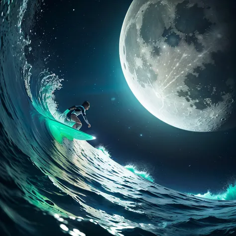 Create a mesmerizing and whimsical illustration that defies earthly bounds. Picture a skilled surfer riding the waves, not in the vast expanse of the ocean, but on the moon itself, high above the Earths atmosphere.

Imagine the moons surface transformed in...